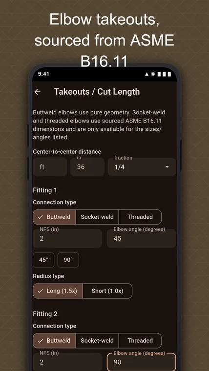 Pocket Construction Calculator pipe takeouts screenshot