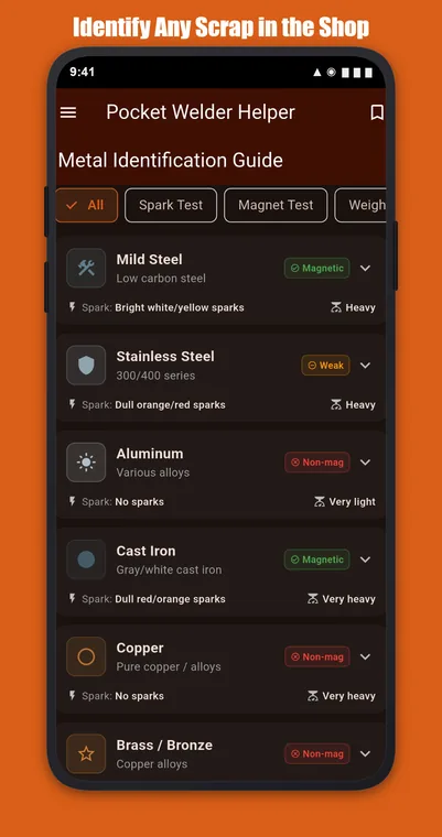 Pocket Welder Helper metal ID guide screenshot